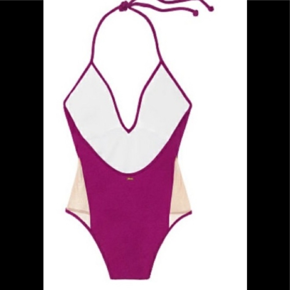 PINK One piece bathing suit with mesh sides. - Picture 3 of 4